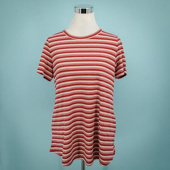 LOGO Lori Goldstein QVC Size Small S Red Metallic Stripe Short Sleeve Tunic Top - Picture 1 of 7